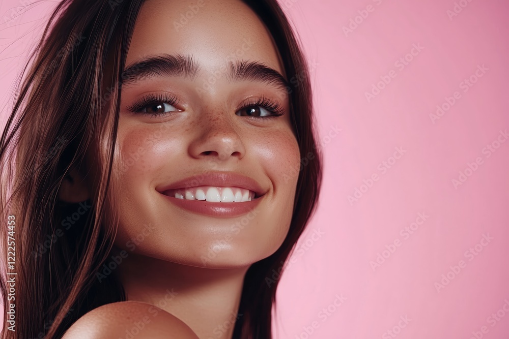 Cheerful Caucasian woman with glossy smile and dark straight hair against a pink backdrop Cheerful Caucasian woman with glossy smile and dark straight hair against a pink backdrop