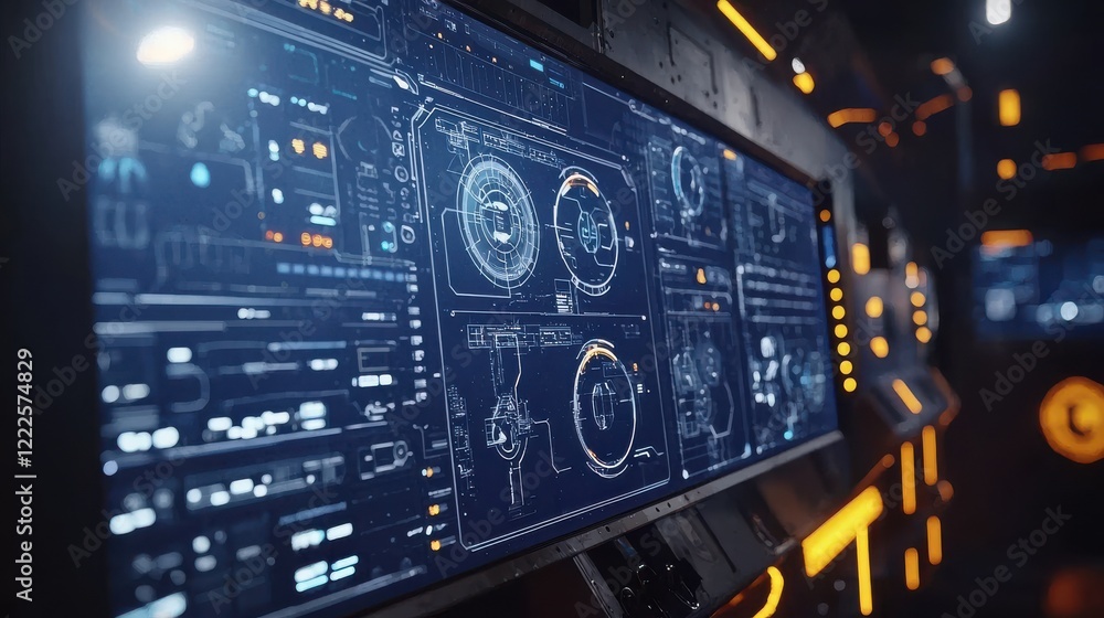 Fototapeta premium Advanced robotic technology control panel futuristic laboratory digital interface high-tech environment close-up view innovation
