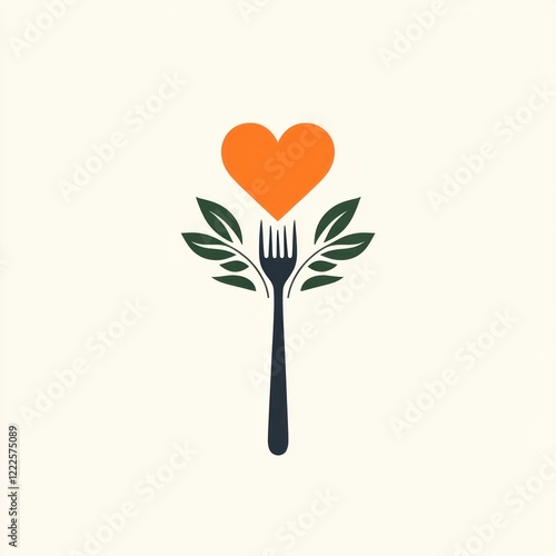 Fork with Heart and Leaves, Healthy Eating Symbol, Vector Illustration photo