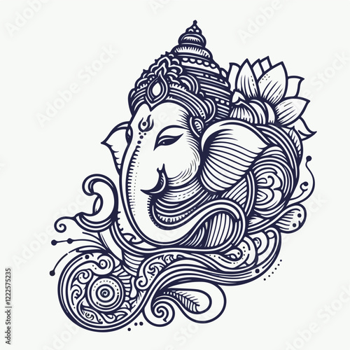 Ganesha, Hindu God of New Beginnings: An intricate line art illustration of the elephant-headed god Ganesha, depicted with ornate details and a lotus flower, symbolizing wisdom, prosperity.