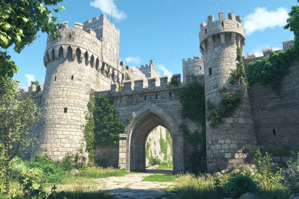 Obraz premium A historic castle with towering stone walls, arched gateways, and a lush green moat