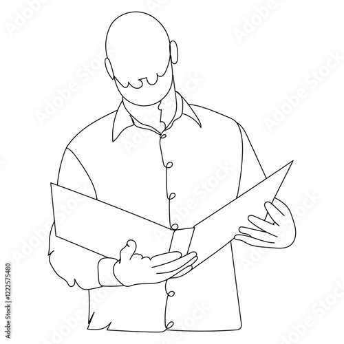 Dessin en ligne continu d'un homme en chemise portant un classeur, métier de l'enseignement, présentation commerciale, administration, line art, vecteur
