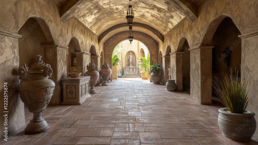 Obraz premium Grand Vaulted Chapel Adorned with Desert Pottery and Classical Statues for Cinematic Ambiance