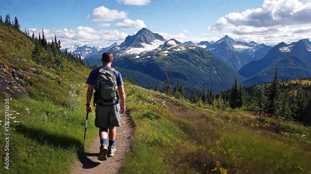 Hiker trekking along a scenic mountain trail surrounded by lush greenery and peaks Hiker trekking along a scenic mountain trail surrounded by lush greenery and peaks