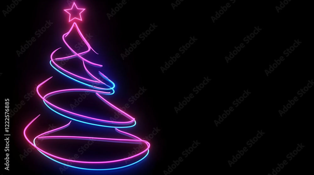 Neon Christmas Tree Illustration with Star on Top Shines Brightly Against Black Background Neon Christmas Tree Illustration with Star on Top Shines Brightly Against Black Background