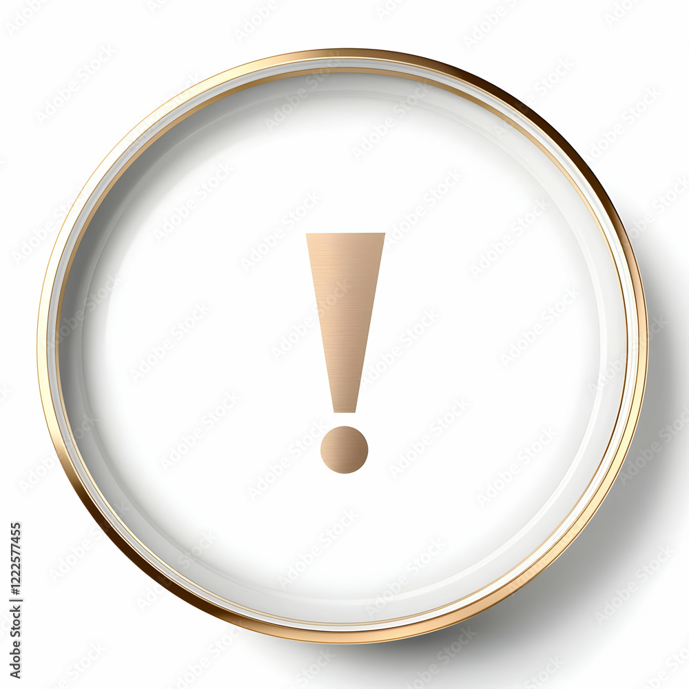 3D Gold Exclamation Mark in a White and Gold Circle on White Background Illustrates Caution or Alert 3D Gold Exclamation Mark in a White and Gold Circle on White Background Illustrates Caution or Alert