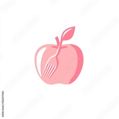 Pink Apple with Fork, Simple Icon photo