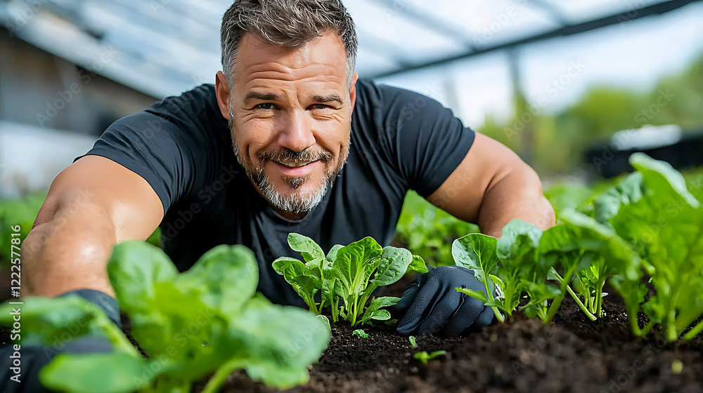 Gardener adjusting soaker hose for healthy vegetables greenhouse gardening action lush environment close-up view sustainable practices Gardener adjusting soaker hose for healthy vegetables greenhouse gardening action lush environment close-up view sustainable practices