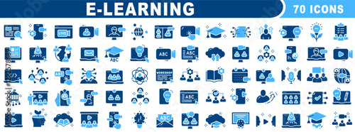 Big set of e-learning related solid icons. Education, online, seminar, conference etc