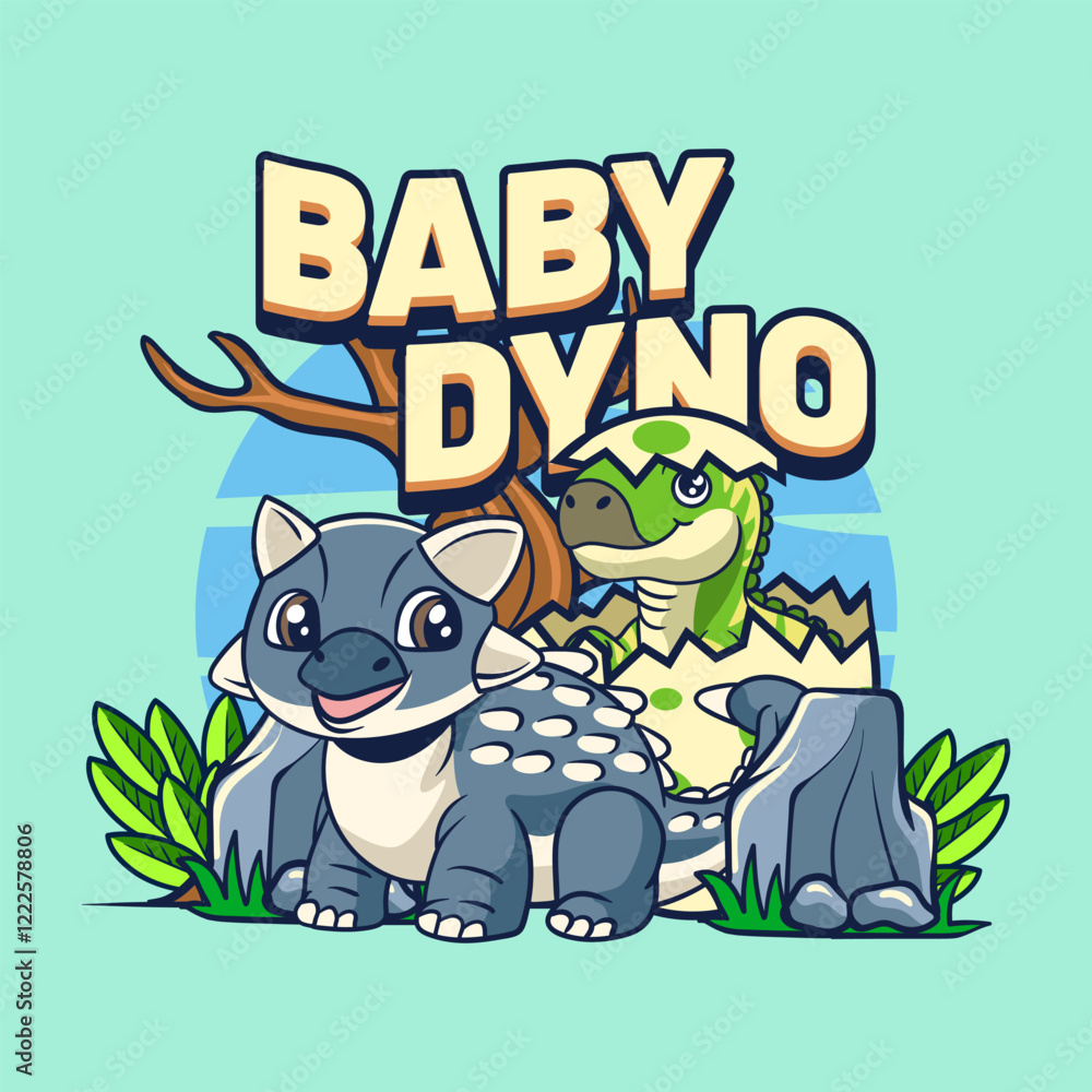 Fototapeta premium Cute Baby Iguanodon and Ankylosaurus Dinosaur Character Mascot in Vector Cartoon Illustration Design