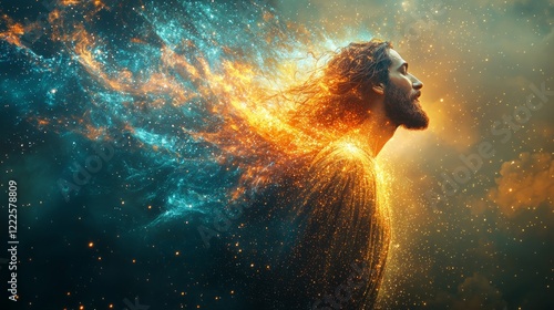 Jesus represented as a divine figure emerging from a digital cloud of data and code, symbolizing the connection between faith and modern technology