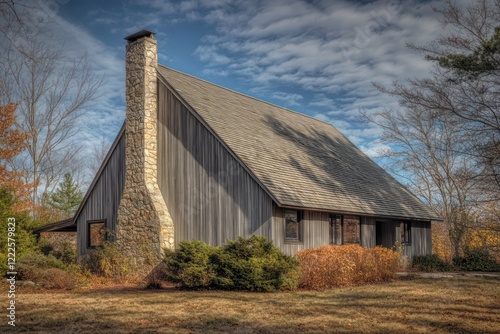 A historic New England saltbox house with a steeply sloping roof, clapboard siding, and a stone chimney photo