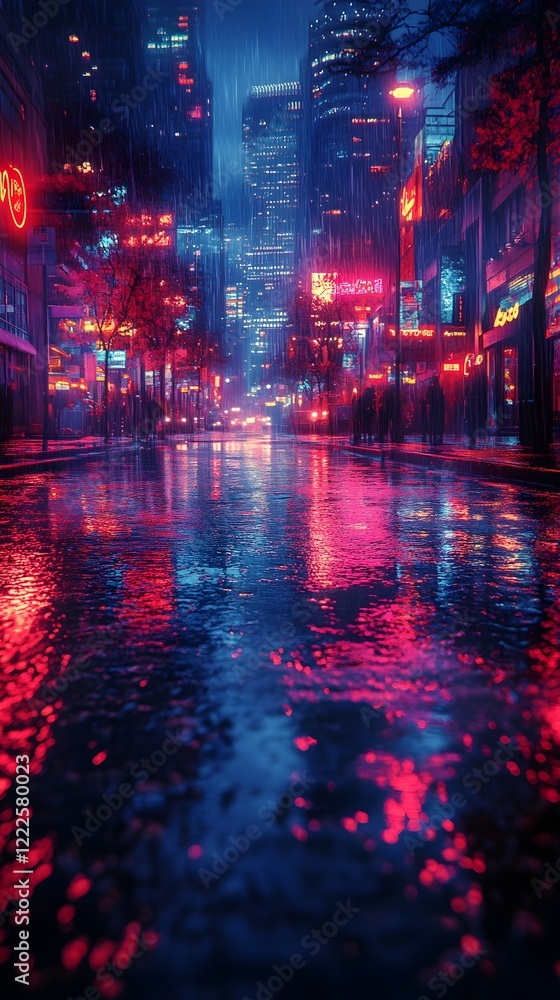A background of a neon-lit urban street reflecting on wet asphalt. A background of a neon-lit urban street reflecting on wet asphalt.