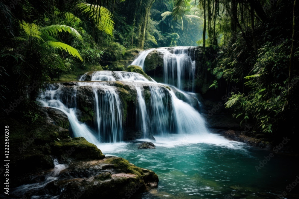 Fototapeta premium Waterfall in the tropical jungle vegetation landscape outdoors.