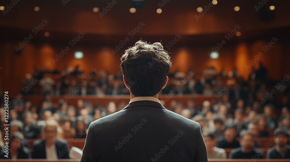 A lecturer in a jacket stands in front of an attentive audience, preparing for an important presentation in a classical setting. A lecturer in a jacket stands in front of an attentive audience, preparing for an important presentation in a classical setting.