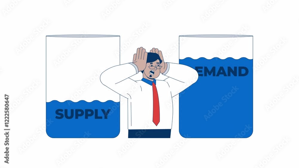 Water supply and demand crisis 2D animation. Resource scarcity issue 4K video motion graphic. Professional man stressed about imbalance animated character cartoon flat concept, white background Water supply and demand crisis 2D animation. Resource scarcity issue 4K video motion graphic. Professional man stressed about imbalance animated character cartoon flat concept, white background