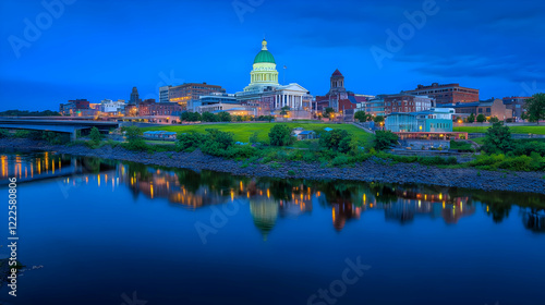 Wallpaper Mural Cityscape Reflects in River at Twilight with Illuminated Buildings and Green Dome Prominently Displayed Torontodigital.ca