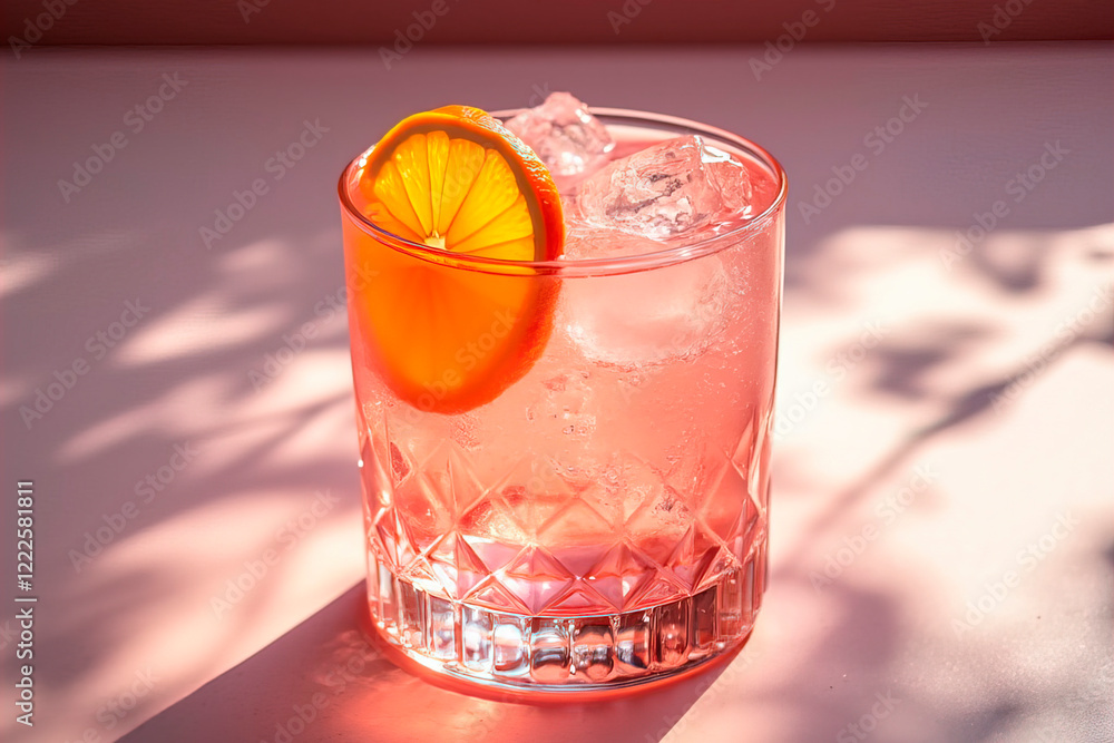 Refreshing pink gin with tonic garnished with orange on a background with shadows