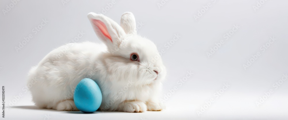 Fototapeta premium Adorable white bunny sitting beside a bright blue Easter egg, isolated on a clean white background. Festive spring concept