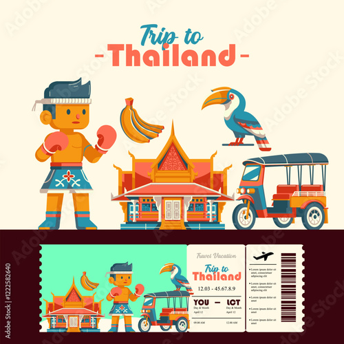 Traveling to Thailand. Muay Thai, Rickshaw, Hornbill and House cartoon elements. Suitable for events and holidays