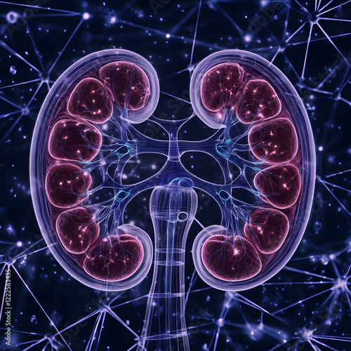 Detailed 3D Illustration of Human Kidneys with a Complex Network of Blood Vessels in a Dark Background. photo