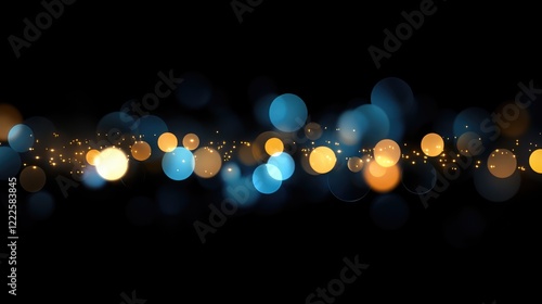 Glowing defocused lights in blue and gold on black background. Shimmering abstract for festive or celebration themes
