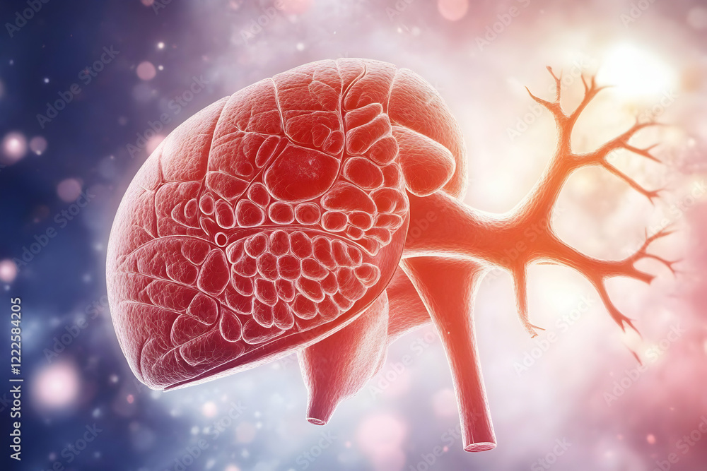 Fototapeta premium Detailed 3D Illustration of the Human Spleen with Blood Vessels and Lobules Prominently Displayed