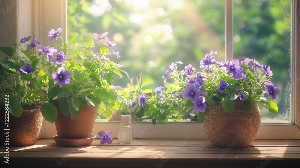 A cozy windowsill with blooming violets. A cozy windowsill with blooming violets.
