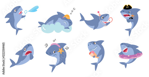 Cute shark. Cartoon sharks various emotions and activities. Isolated ocean predators sleep, play, eating, listen music. Sea animals nowaday vector set