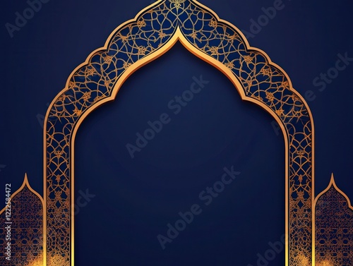 A radiant blue background illuminating a white, golden Islamic arch with minimalistic geometric patterns.