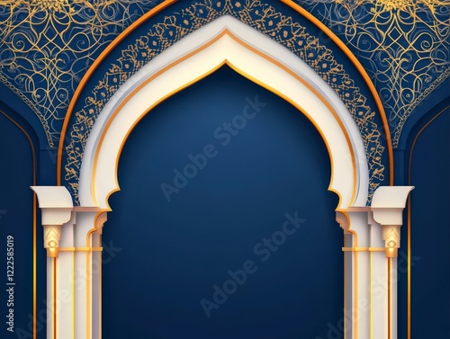A radiant blue background illuminating a white Islamic arch with gold and orange lines, surrounded by simple golden patterns.