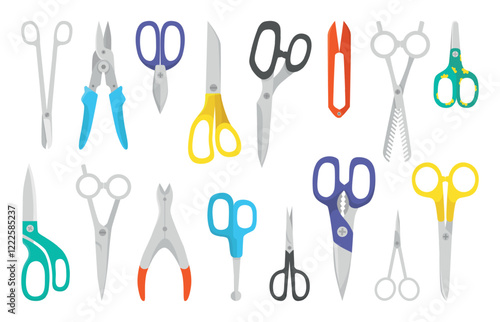 Cartoon scissors. Different types scissor collection. Isolated closed open tools for cut paper fabric carton. Tool for workshop, flat neoteric vector clipart