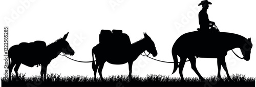 Vector Silhouettes of a Cowboy on Horseback Leading Pack Mules