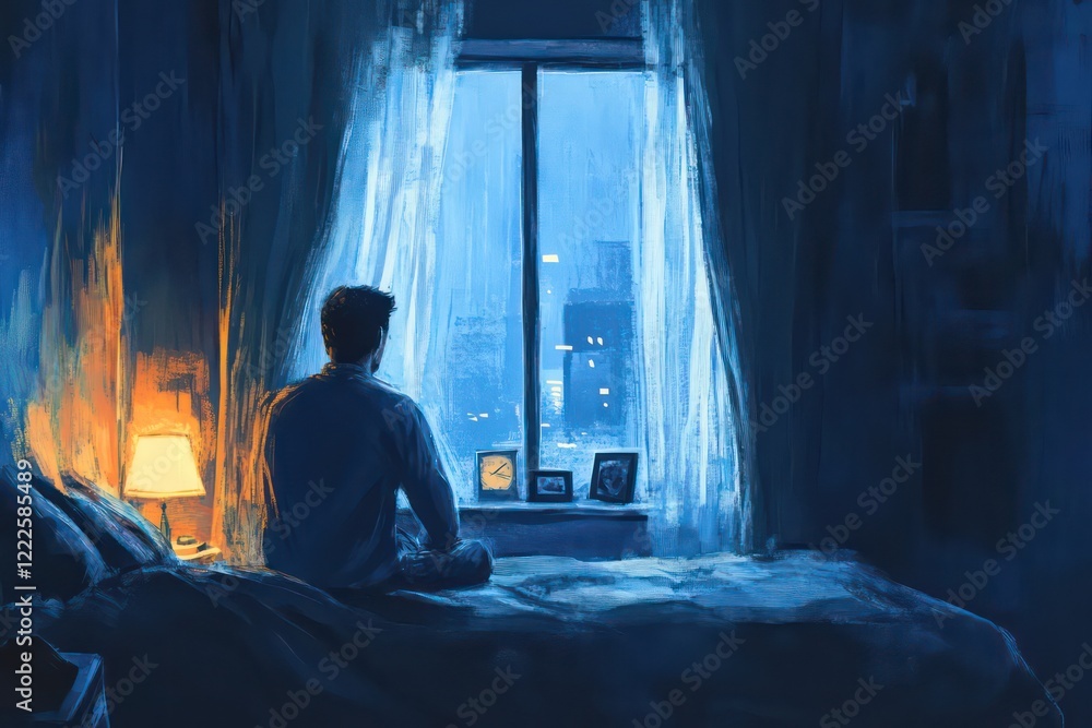 Fototapeta premium A lone man staring out of a window, with the curtains drawn around him, creating a peaceful and reflective moment of solitude in his bedroom.