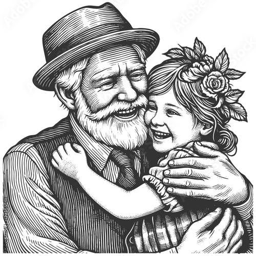 joyful grandfather embracing his smiling granddaughter, family love and generational bonds sketch engraving generative ai vector illustration. Scratch board imitation. Black and white image