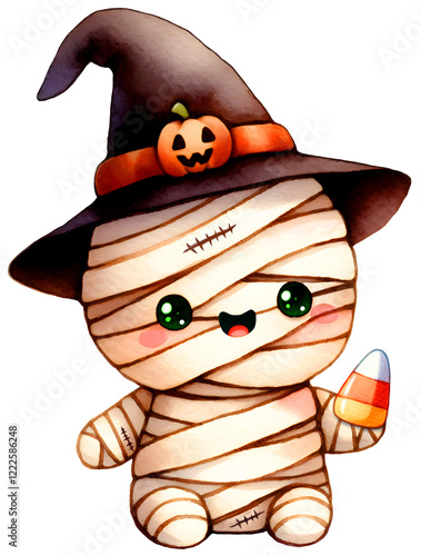 Cute Halloween Mummy with witch hat and candy corn. Isolated on transparent background. Cartoon character in kawaii style. For printing on white and black surfaces. Suitable for postcard, T-shirt prin photo