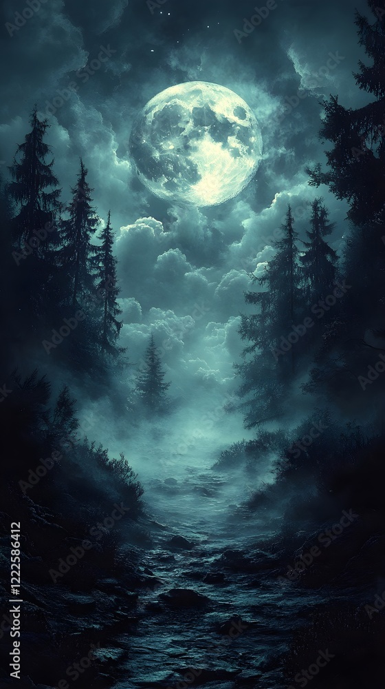Fototapeta premium A background of a spooky, foggy forest lit by the pale moonlight.