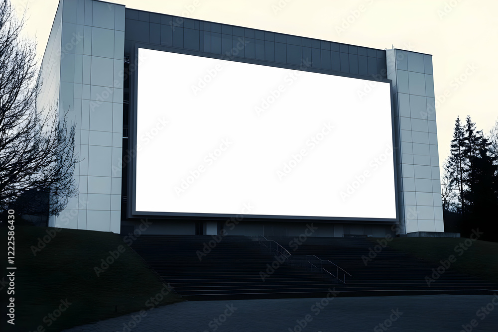 Large Blank Billboard Displays on Modern Building Facade with Stairs Leading Upward at Dusk Large Blank Billboard Displays on Modern Building Facade with Stairs Leading Upward at Dusk