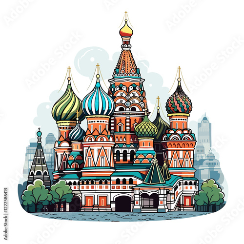 Saint Basil's Cathedral hand-drawn comic illustration. Cathedral of Vasily the Blessed. Vector doodle style cartoon illustration