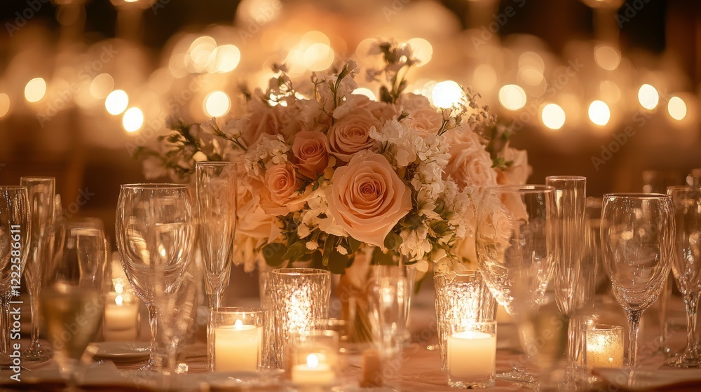 A romantic table setup with champagne glasses, a rose bouquet centerpiece, and candles glowing against a soft, blurred background of warm, flickering lights, 16:9 A romantic table setup with champagne glasses, a rose bouquet centerpiece, and candles glowing against a soft, blurred background of warm, flickering lights, 16:9