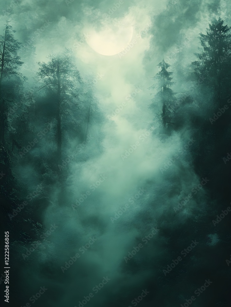 A background of a spooky, foggy forest lit by the pale moonlight. A background of a spooky, foggy forest lit by the pale moonlight.