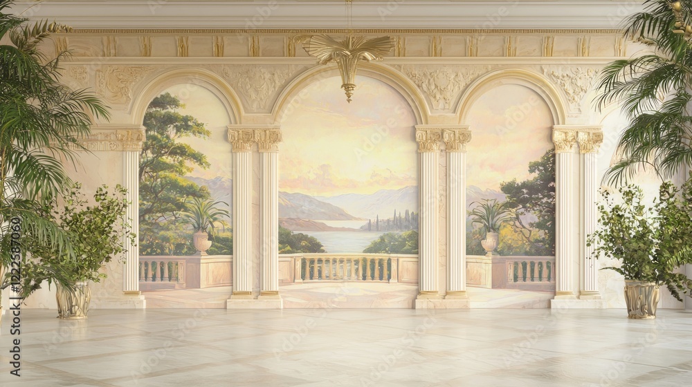 Obraz premium Mythological Fusion: Grand Hotel Lobby Mural of Greek Scenes and African Savannah Cinematic Silhouettes