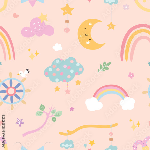 Childish seamless pattern with cute decorative elements. Rainbow, clothes, flowers, baby mobile with hanging, steering wheel and bird, vector background