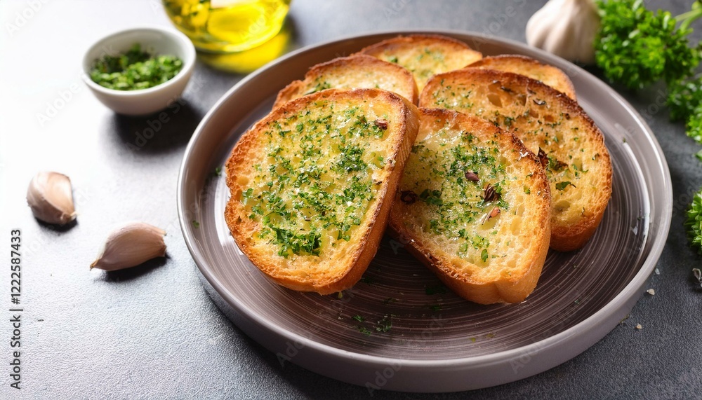 Tasty crispy garlic bread in plate Tasty crispy garlic bread in plate