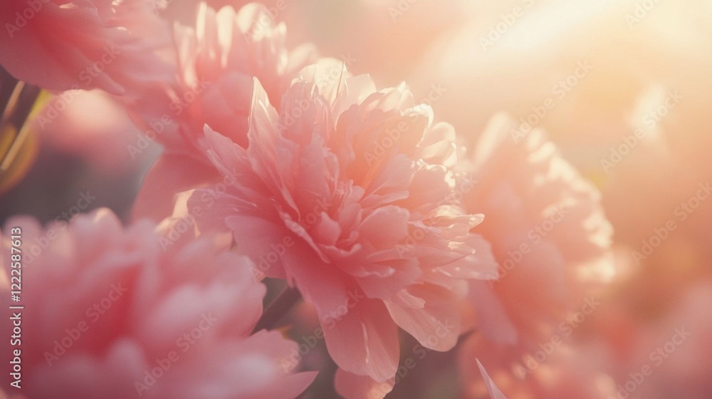 Soft pink peony blooms in sunlight. Soft pink peony blooms in sunlight.