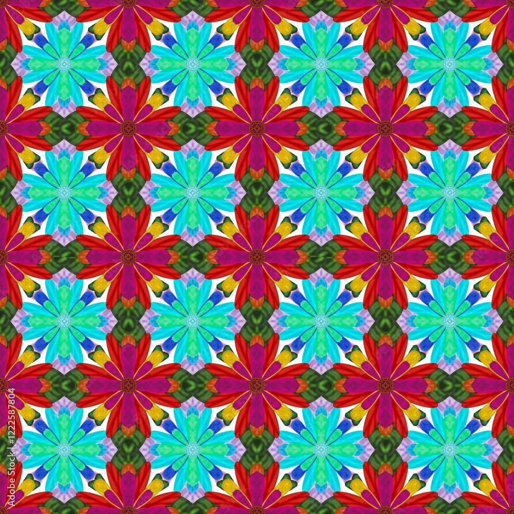 Blossom Harmony Pattern is a vibrant floral design featuring bold red petals, radiant green leaves, and striking blue accents. This seamless tile pattern is perfect for a variety of creative applicati Blossom Harmony Pattern is a vibrant floral design featuring bold red petals, radiant green leaves, and striking blue accents. This seamless tile pattern is perfect for a variety of creative applicati