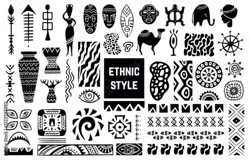 Ethnic style elements collection. Isolated doodle ornaments, african masks and animal silhouettes, decorative mascots and symbols. Tribal vector clipart