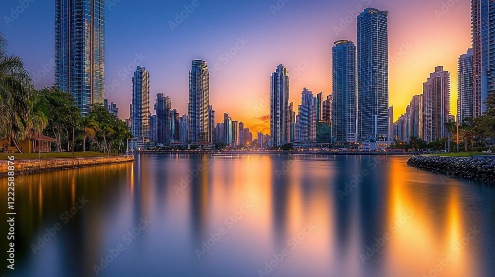 Sunset cityscape reflection, waterfront park, urban development, Dubai Sunset cityscape reflection, waterfront park, urban development, Dubai