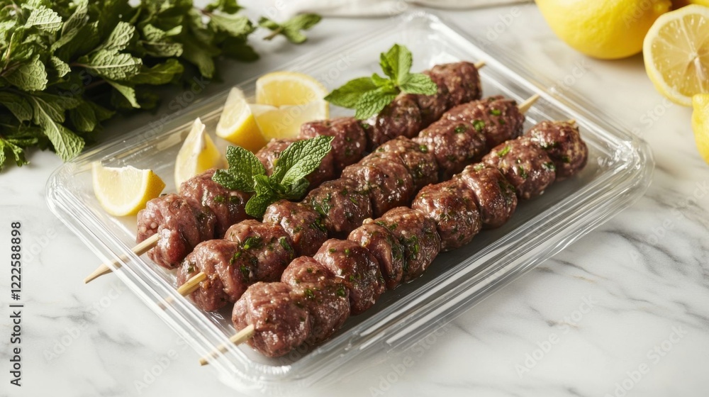Spiced lamb kebabs ready for grilling. Spiced lamb kebabs ready for grilling.
