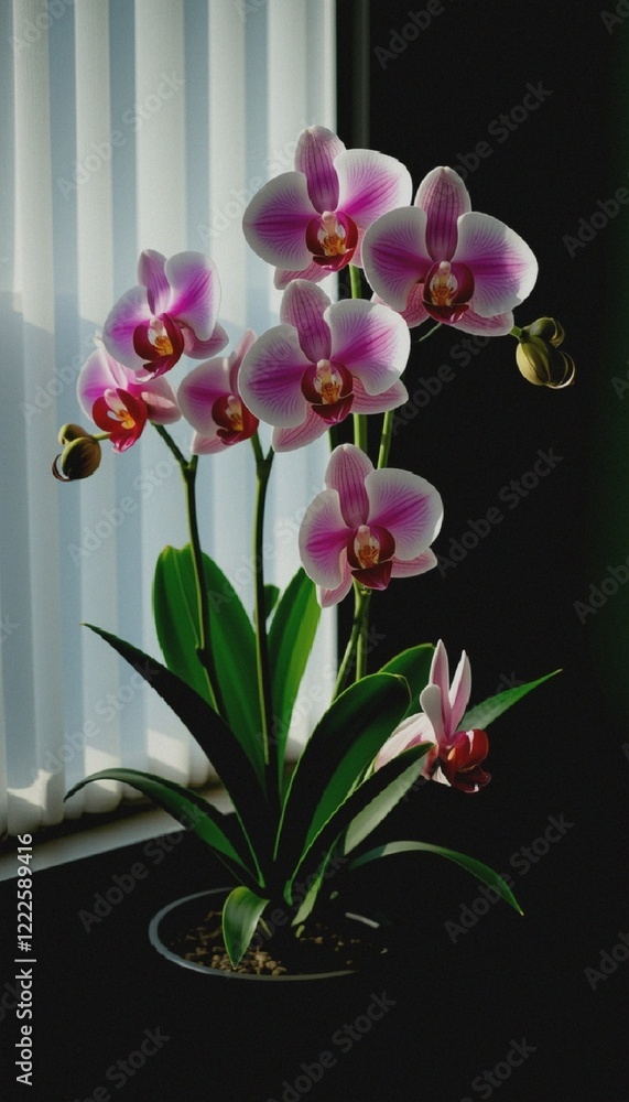 Obraz premium A branch of orchids with vibrantly colored petals intricate details set against a lit curtain background